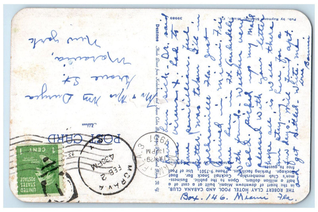 1951 The Robert Clay Hotel Pool and Cabana Club Miami FL Moravia NY Postcard