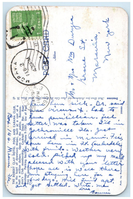 1951 The Robert Clay Hotel Pool and Cabana Club Miami FL Moravia NY Postcard