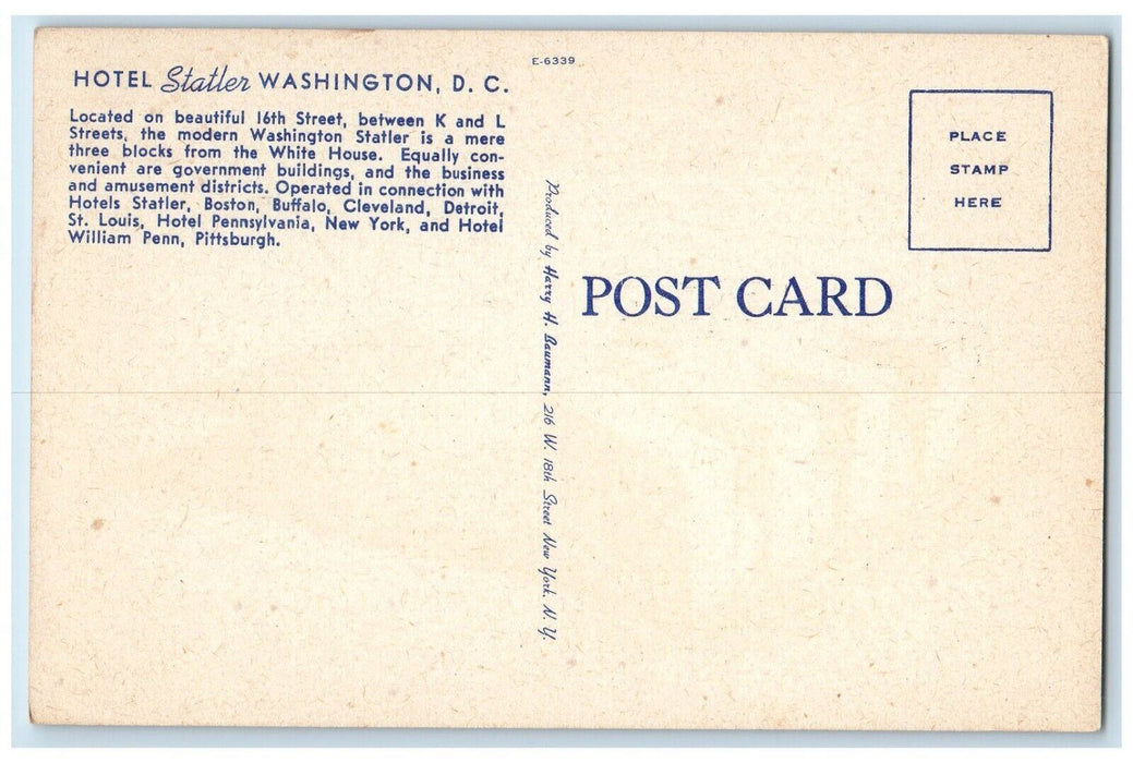 1940 Hotel Statler Blocks White House Government Building Washington DC Postcard