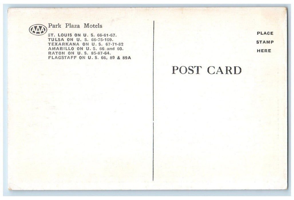 c1940 Beautiful Park Plaza Motels St. Louis Tulsa Texarkana Amarillo MO Postcard