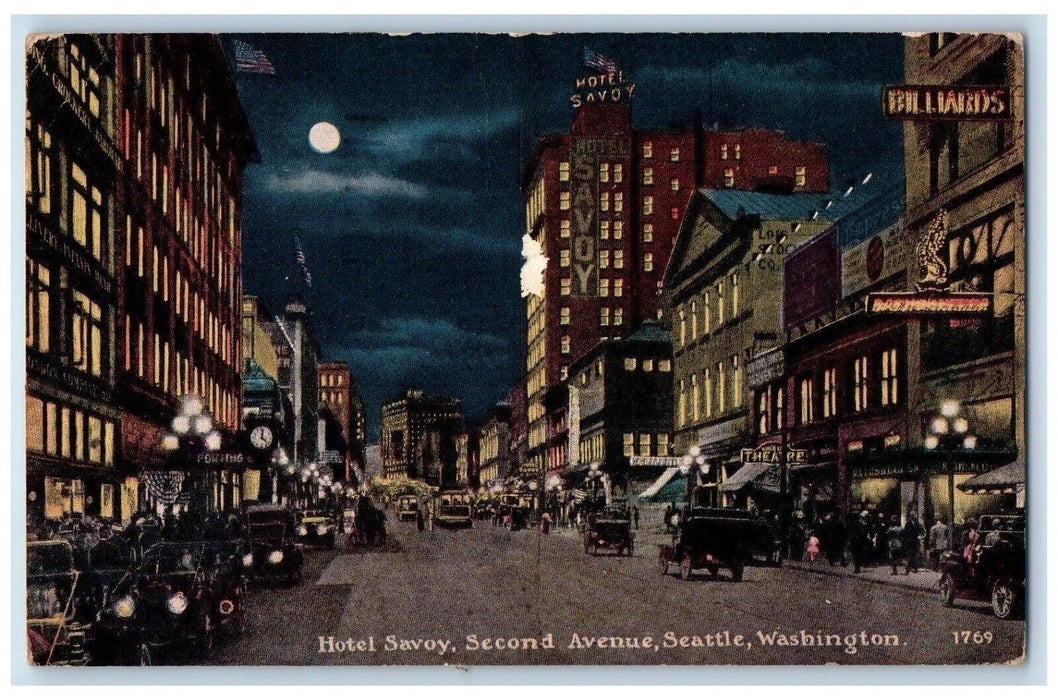 1923 Hotel Savoy Second Avenue Moonlight Moon Night Seattle Washington Postcard