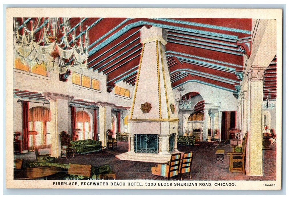 c1920 Fireplace Edgewater Beach Hotel Block Sheridan Road Chicago IL Postcard