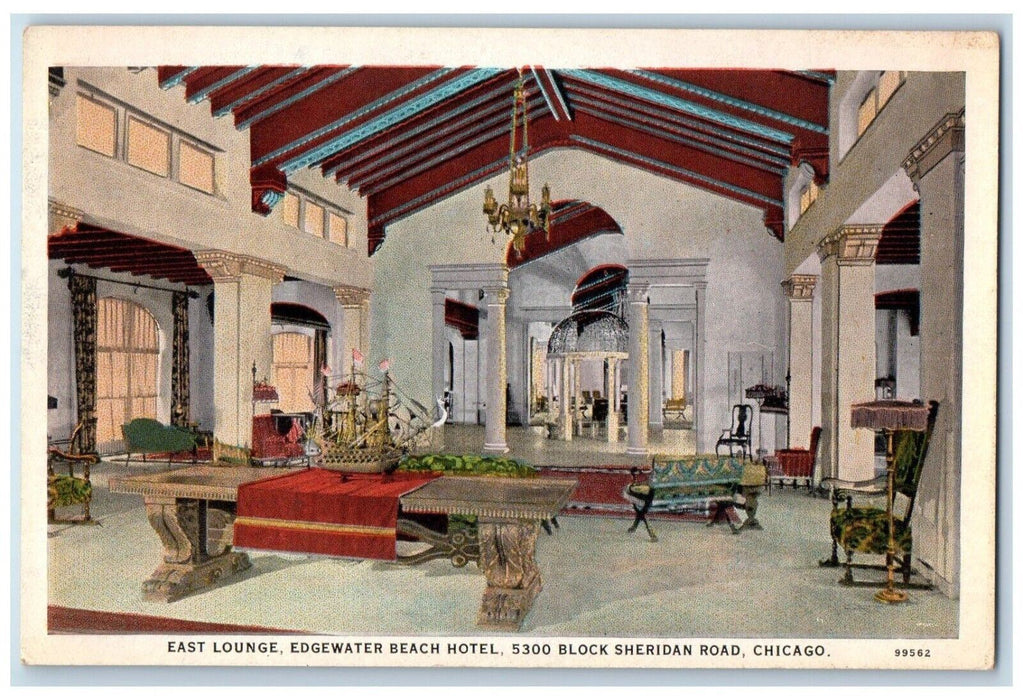 c1920 East Lounge Edgewater Beach Hotel Block Sheridan Road Chicago IL Postcard