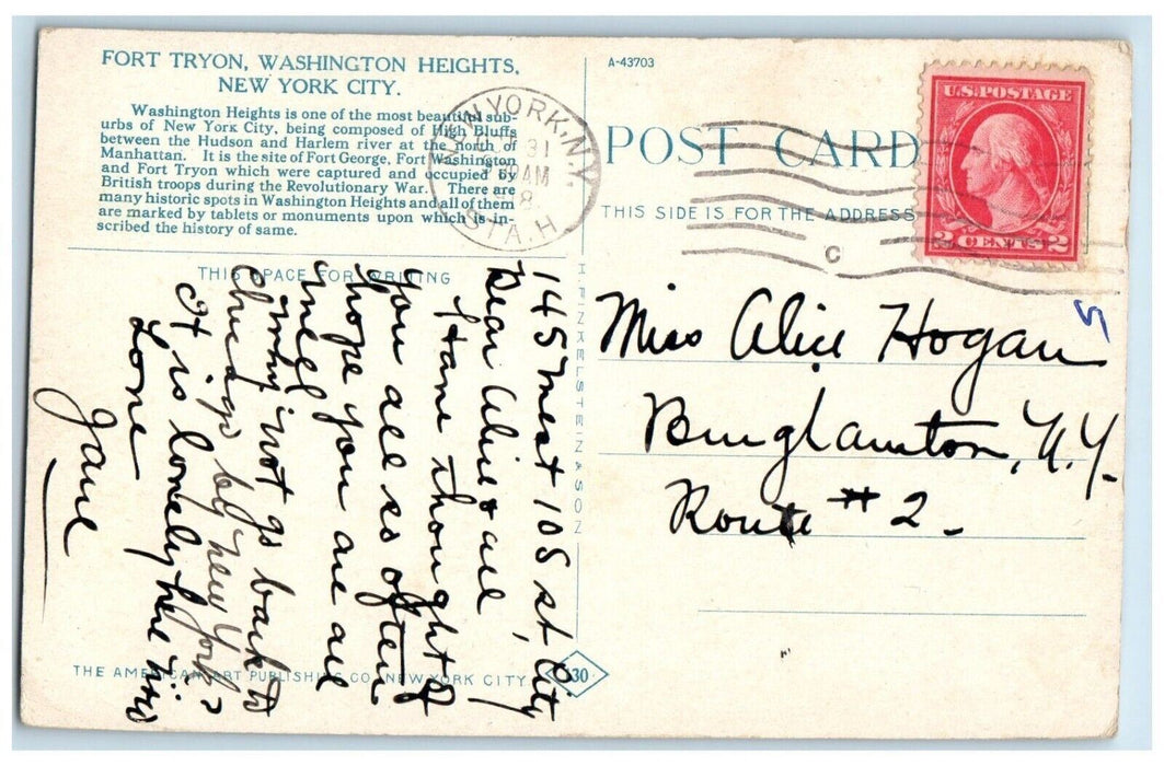 c1930's Fort Tryon Washington Heights New York City NY Posted Antique Postcard