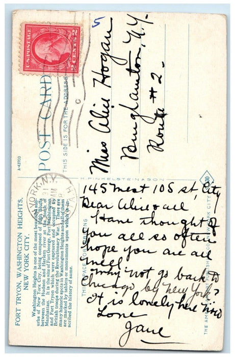 c1930's Fort Tryon Washington Heights New York City NY Posted Antique Postcard