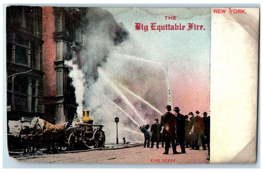 The Big Equitable Fire Scene New York NY, Firefighter Horse Wagon Postcard