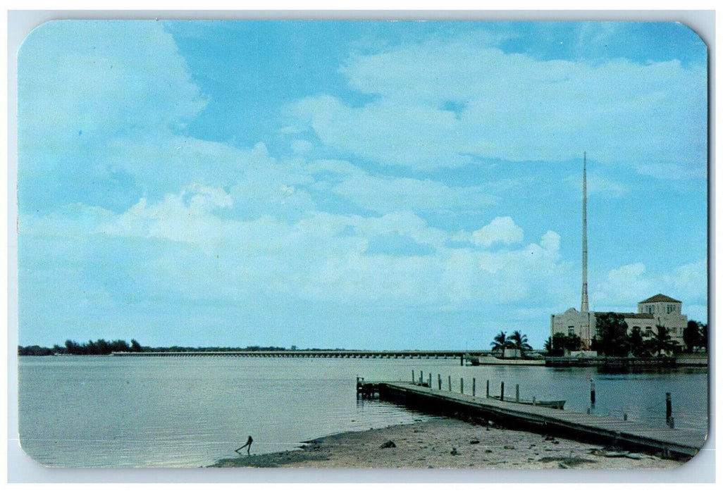c1950's Municipal Pier Building Green Bridge over Manatee River FL Postcard