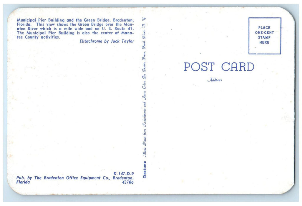 c1950's Municipal Pier Building Green Bridge over Manatee River FL Postcard