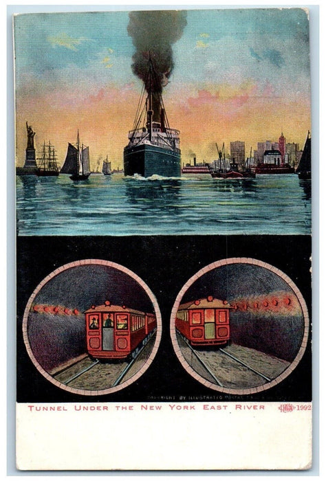 c1910's Tunnel Under The New York East River, Railroad Train Dual View Postcard