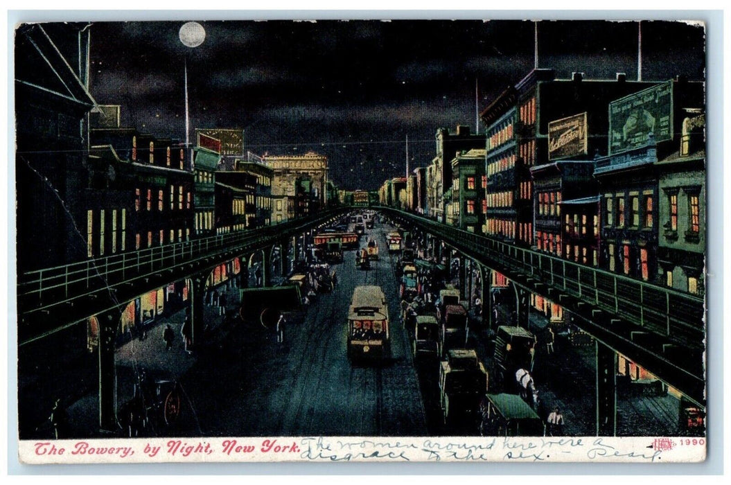 1908 The Bowery By Night Moonlight View Cars New York NY Posted Antique Postcard
