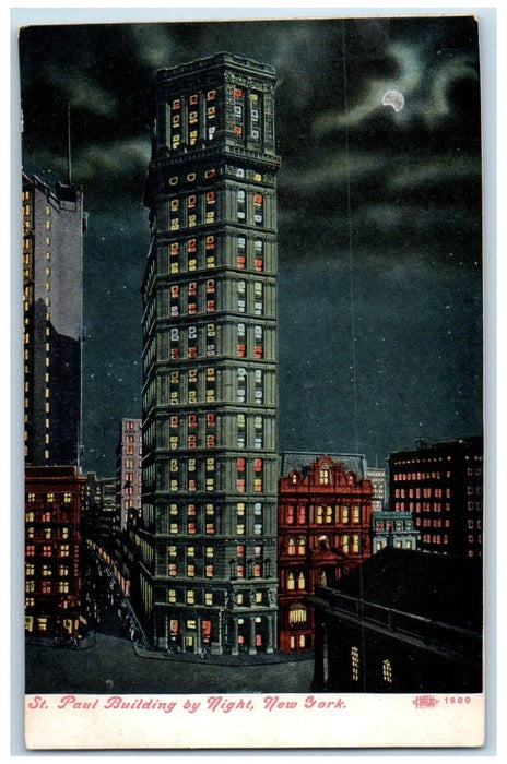 c1910's St. Paul Building By Night Moonlight View New York NY Antique Postcard