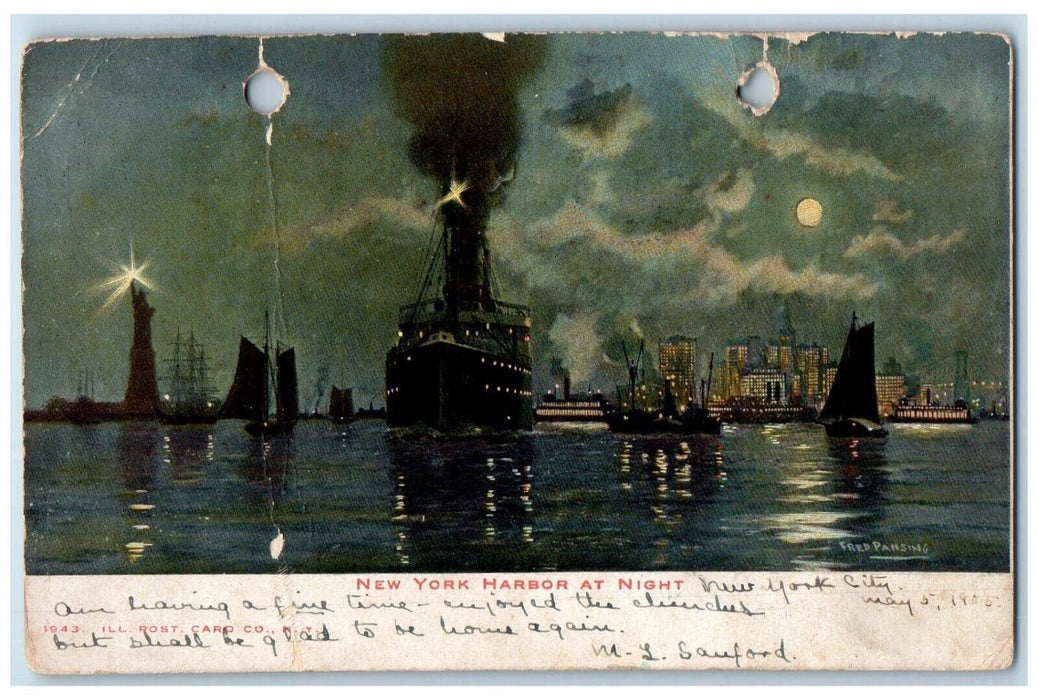 1905 New York NY, Harbor At Night Steamer Ship Moonlight View Antique Postcard