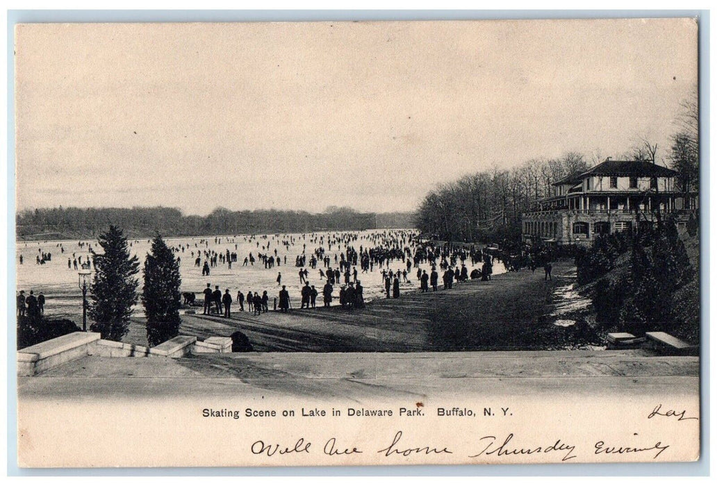 1907 Skating Scene Lake Delaware Park Buffalo New York Vintage Antique Postcard