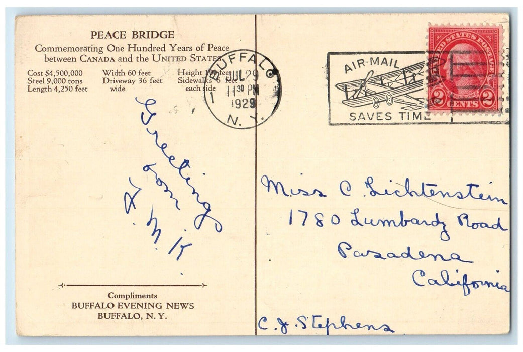 1929 New Peace Bridge Across Niagara River Canada US Buffalo New York Postcard