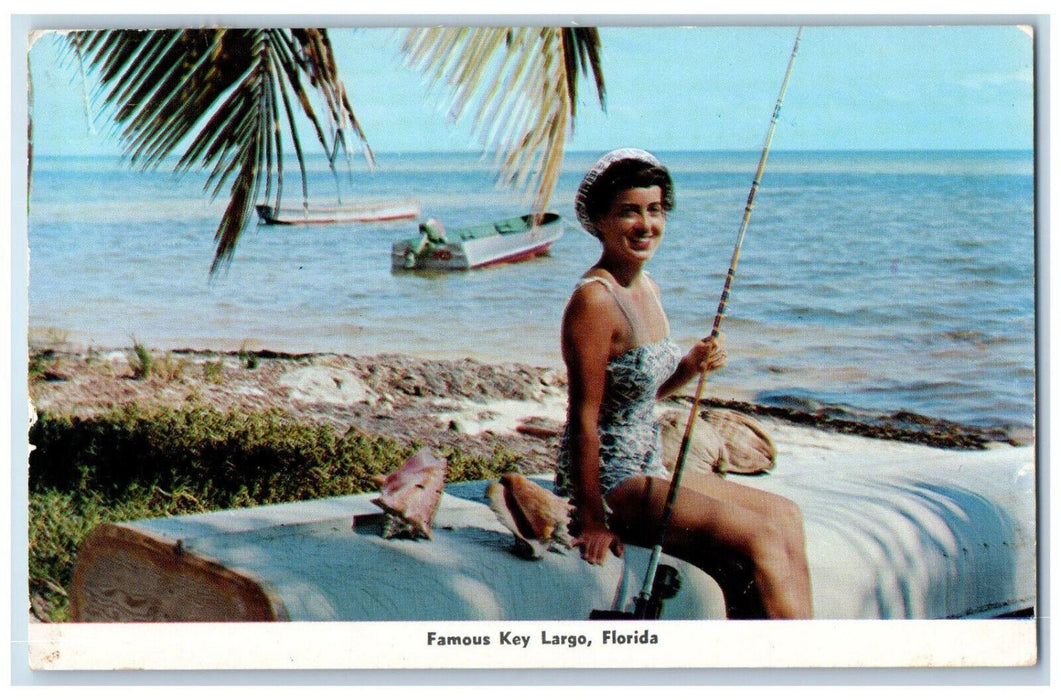 1957 Woman Fishing Famous Key Largo Florida FL Posted Vintage Postcard