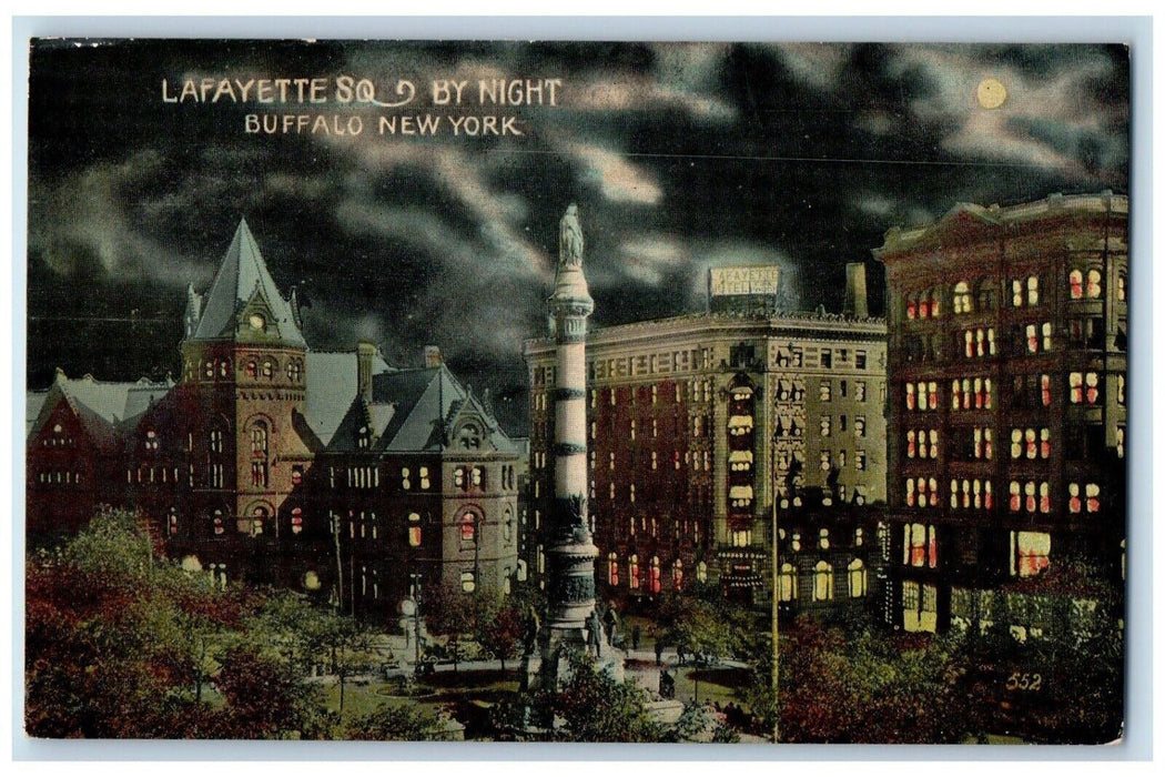 c1910 Lafayette Square Night Moon Building Exterior Buffalo New York NY Postcard