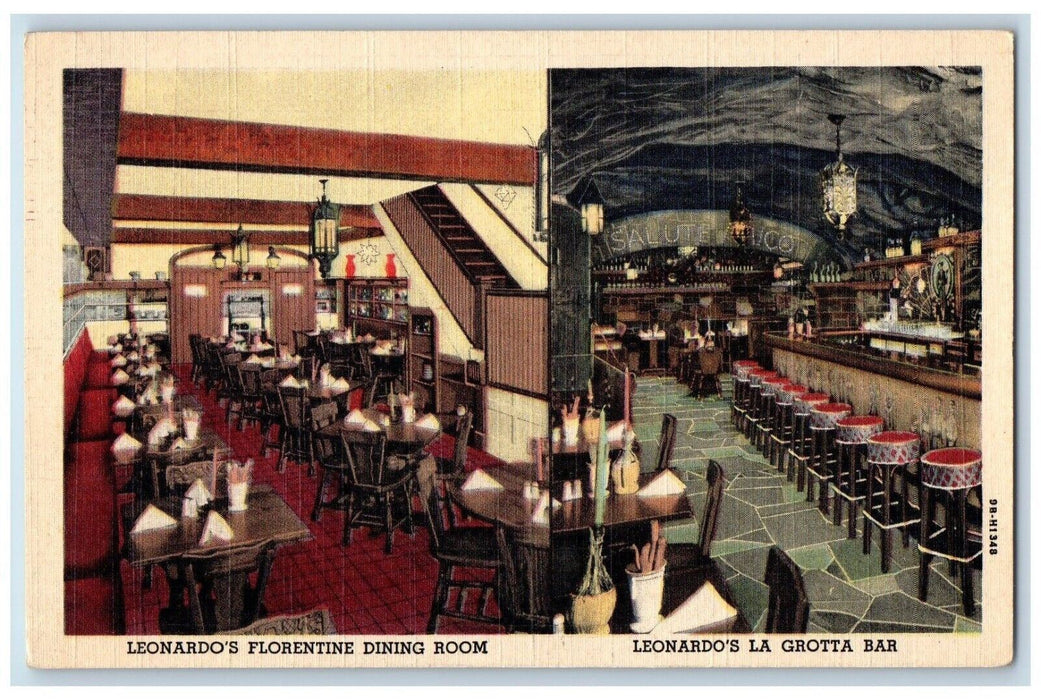 c1940 Leonardos Florentine Dining Room La Grotta Bar Buffalo New York Postcard