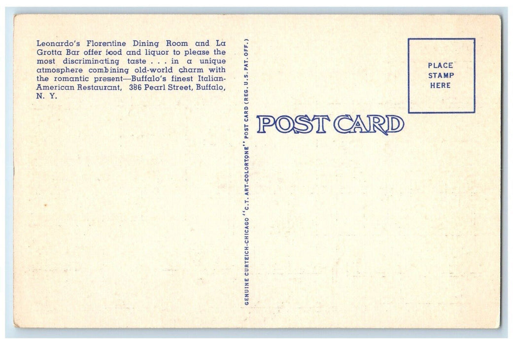 c1940 Leonardos Florentine Dining Room La Grotta Bar Buffalo New York Postcard