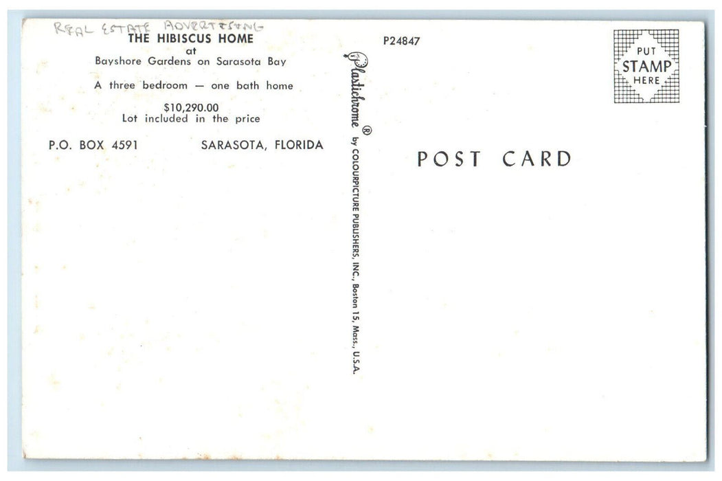 c1960's The Hibiscus Home Sarasota FL Real Estate Advertising Postcard