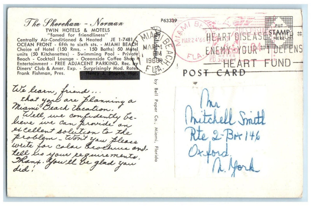 1966 The Shoreham Norman Twin Hotels and Villas Miami Beach FL Postcard