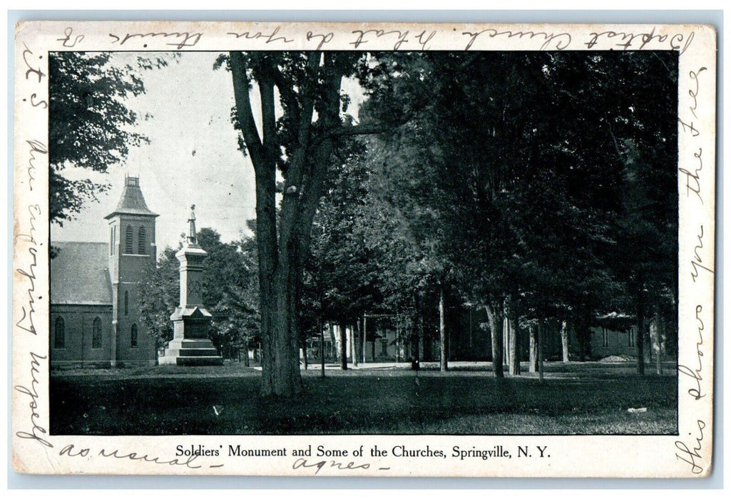1907 Soldiers Monument And Some Of The Churches Springville New York NY Postcard
