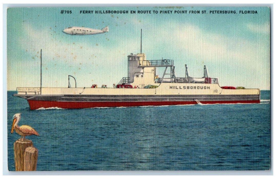 c1950's Ferry Hillsborough Ship Airplane St. Petersburg Florida FL Postcard