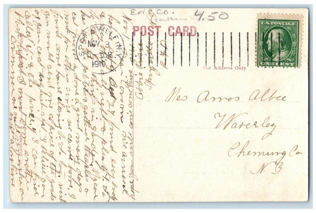 1910 Business Section Storefronts Toys Tinware Dirt Road Springville NY Postcard
