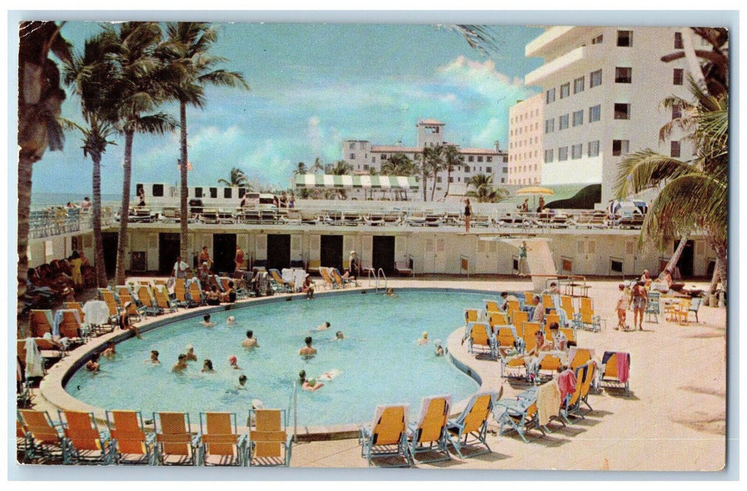 1954 Pool and Cabana Club of Saxony Hotel Miami Beach Florida FL Postcard