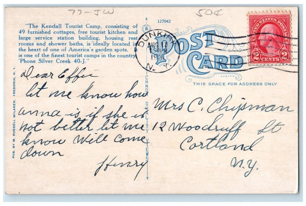 1931 Kendall Tourist Camp Silver Creek Dunkirk New York NY Antique Postcard