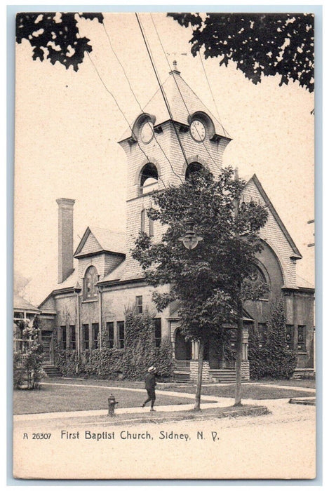 c1905 First Baptist Church Street Scene Tower Clock Sidney New York NY Postcard