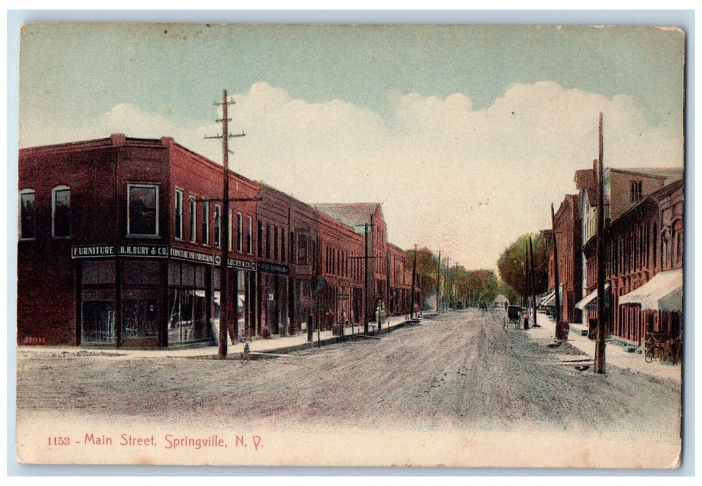 c1910's Main Street Furniture H. H. Bury & Co. Dirt Road Springville NY Postcard