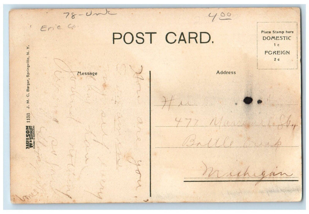 c1910's Main Street Furniture H. H. Bury & Co. Dirt Road Springville NY Postcard
