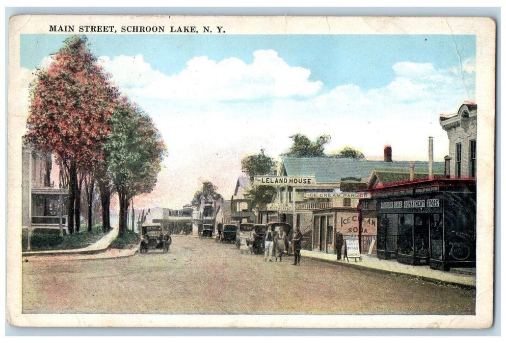 1921 Main Street Lel And House Ice Cream Parlor Cars Schroon Lake NY Postcard