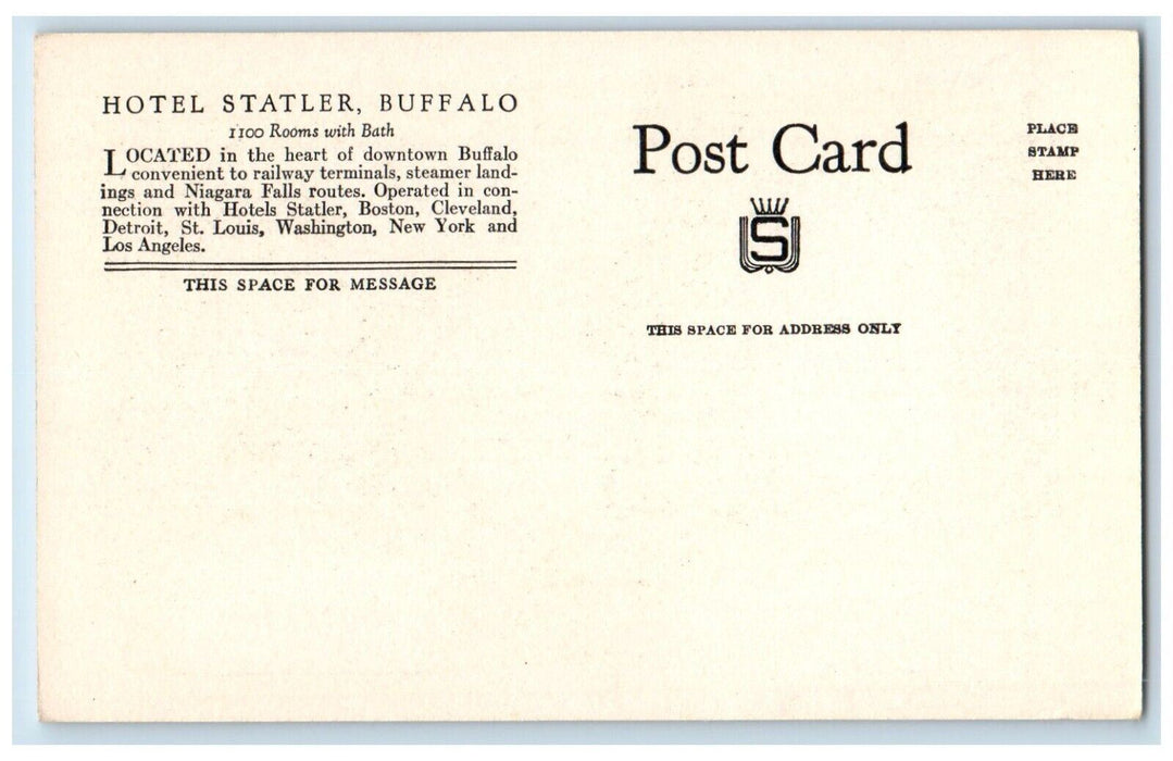 c1910 Hotel Statler Buffalo Rooms With Bath Downtown Buffalo New York Postcard