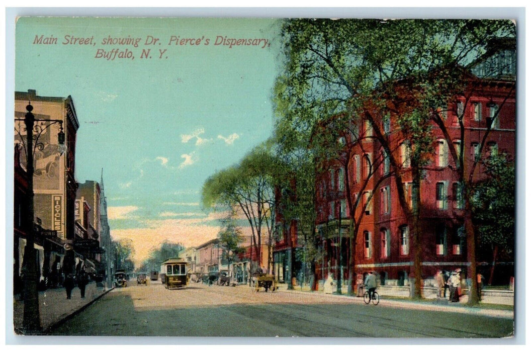 c1910 Main Street Showing Dr. Pierces Dispensary Road Buffalo New York Postcard