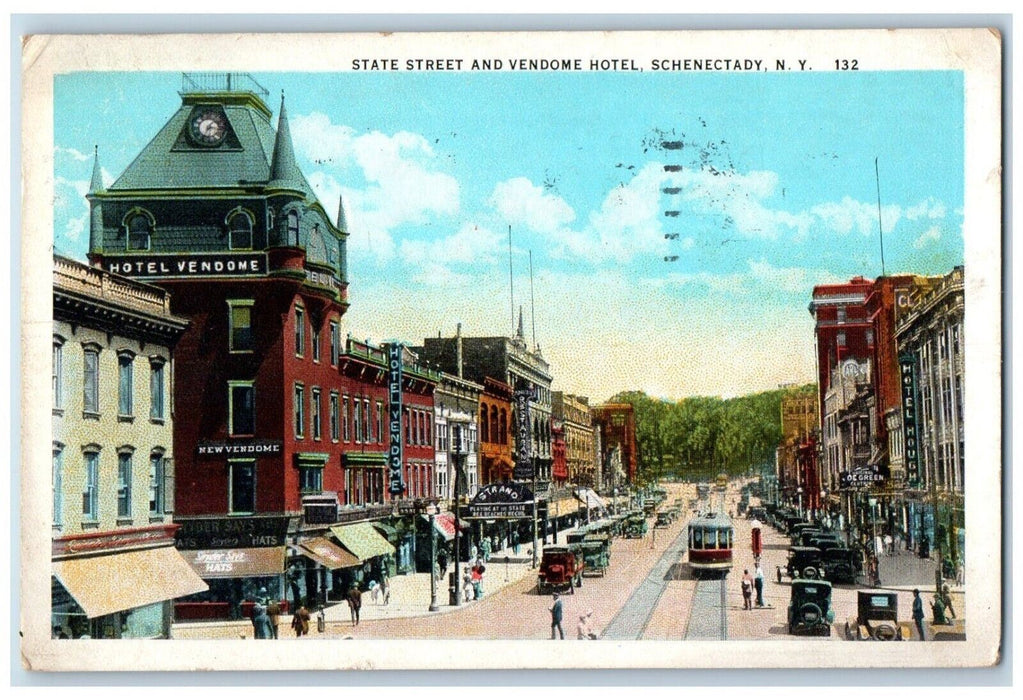 1925 State Street And Vendome Hotel Trolley Schenectady New York NY Postcard