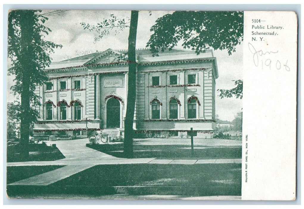 c1905 Public Library Building Bicycle Schenectady New York NY Glitter Postcard