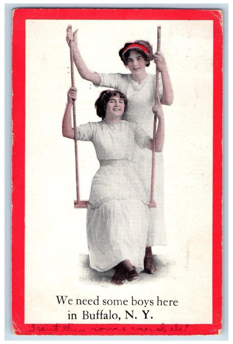 1912 We Need Some Boys Here In Two Girls Swing Scene Buffalo New York Postcard