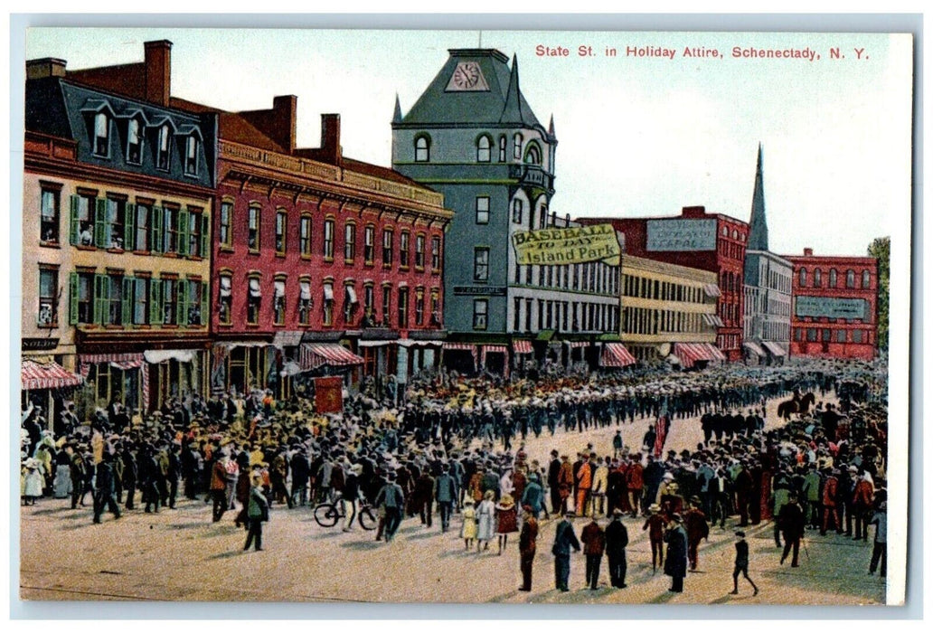 c1910's State St. In Holiday Attire Baseball Island Park Schenectady NY Postcard