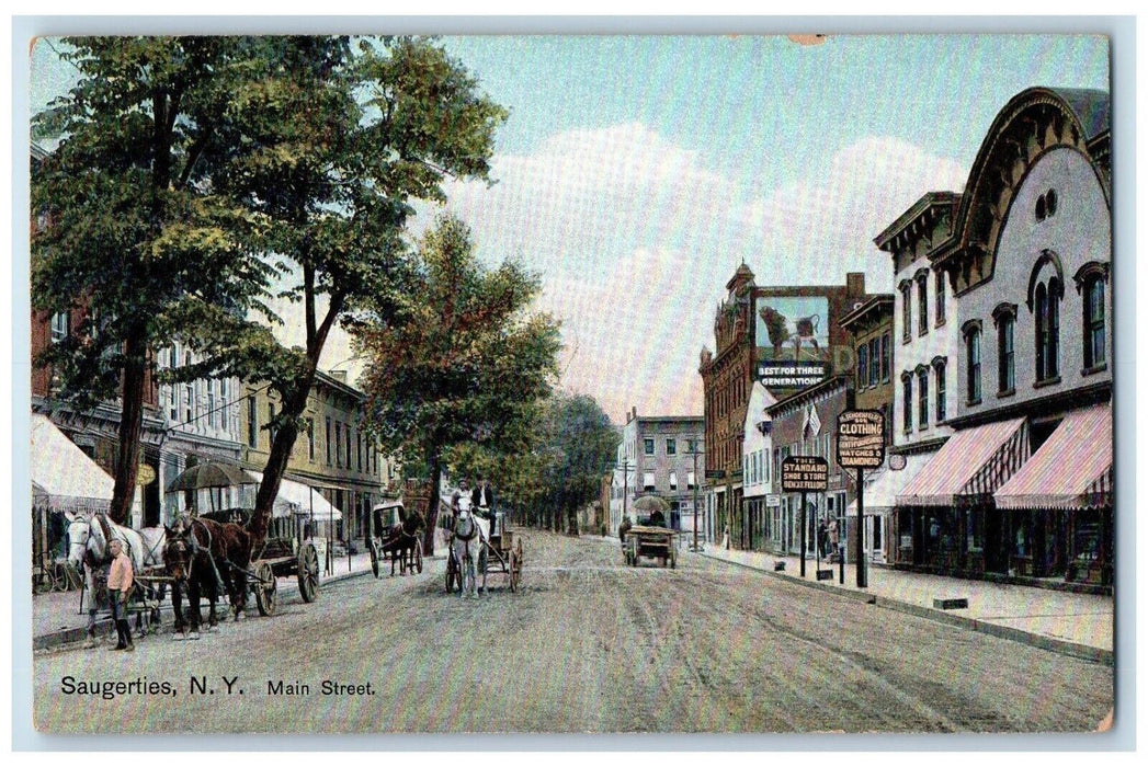 c1910's Main Street Horse Carriage Stores Clothing Saugerties NY Postcard
