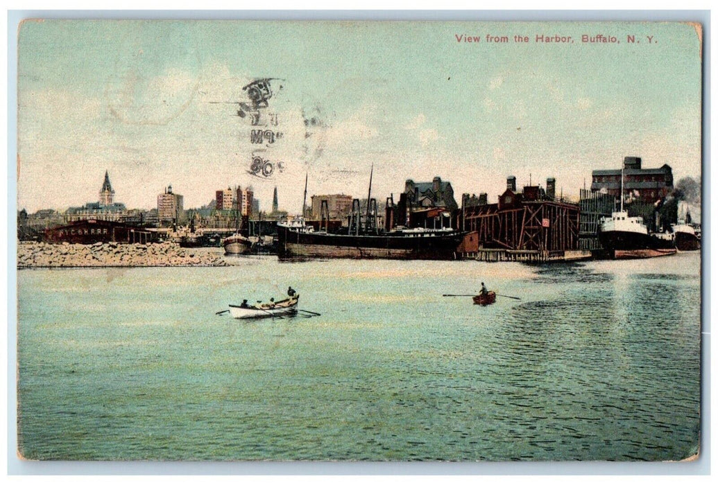 1908 View from the Harbor Buffalo New York NY Boat Paddling Postcard