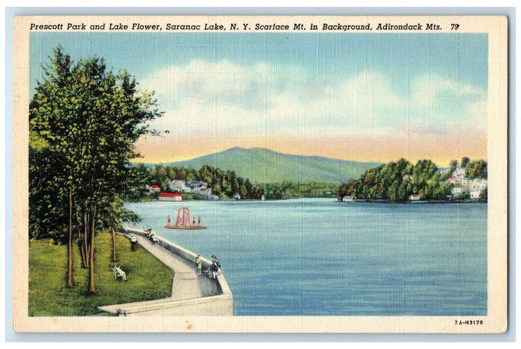 Prescott Park Lake Flower Saranac Lake Scarface Mt. Adirondack Mts. NY Postcard