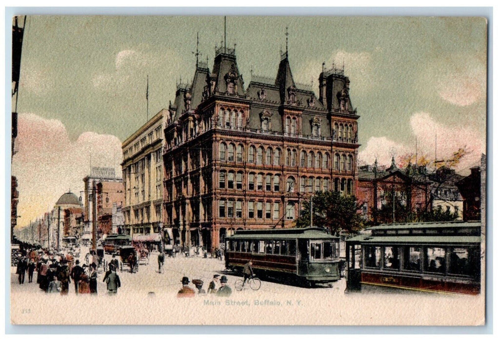 c1905 Trolley Car Bike Horse Carriage Main Street Buffalo New York NY Postcard