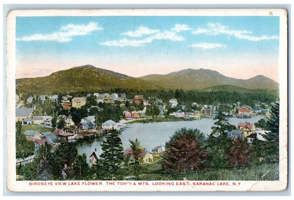 1916 Birds Eye View Lake Flower Town Mts. Looking East Saranac Lake NY Postcard