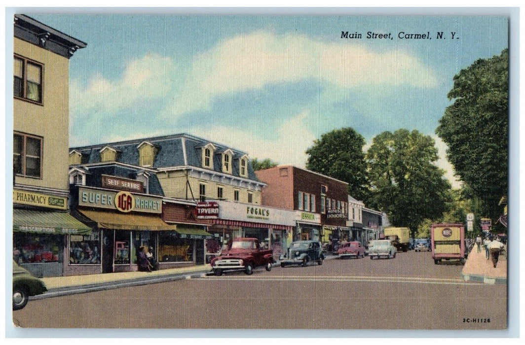 c1950's IGA Super Market Pharmacy Main Street Carmel New York NY Postcard