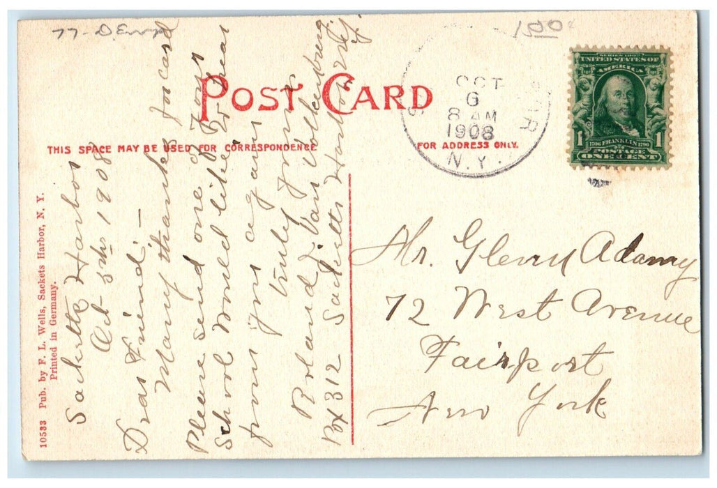 1908 View Of M. E. Church Sackets Harbor New York NY Posted Antique Postcard
