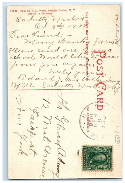 1908 View Of M. E. Church Sackets Harbor New York NY Posted Antique Postcard