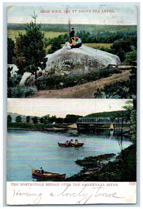1906 High Rock Above Sea Level Northville Bridge Sagandaga River NY Postcard
