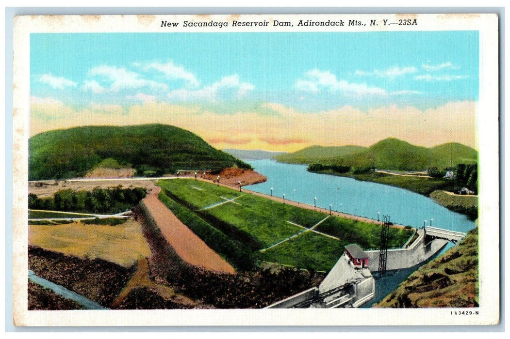 c1930's New Sacandaga Reservoir Dam Adirondacks Mts. New York NY Postcard