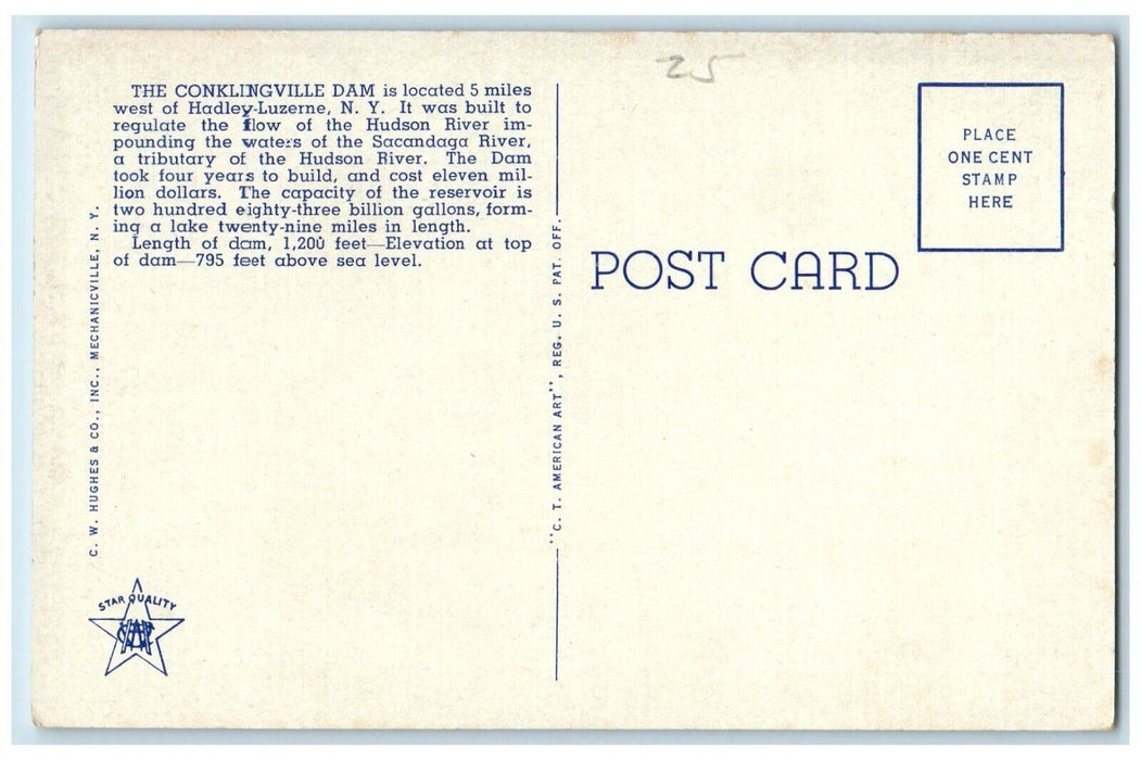 c1930's New Sacandaga Reservoir Dam Adirondacks Mts. New York NY Postcard